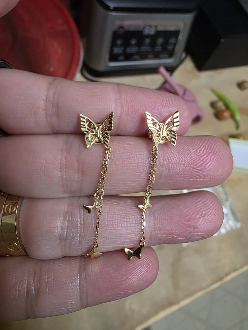 18K Saudi Gold Butterfly Drop Stud Earrings
